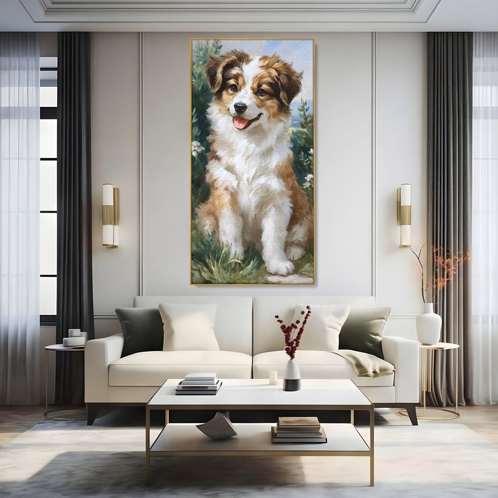Tablou canvas cu tablou canvas cu catel prietenos in gradina, in rama de aluminiu auriu, pe perete intr-un living